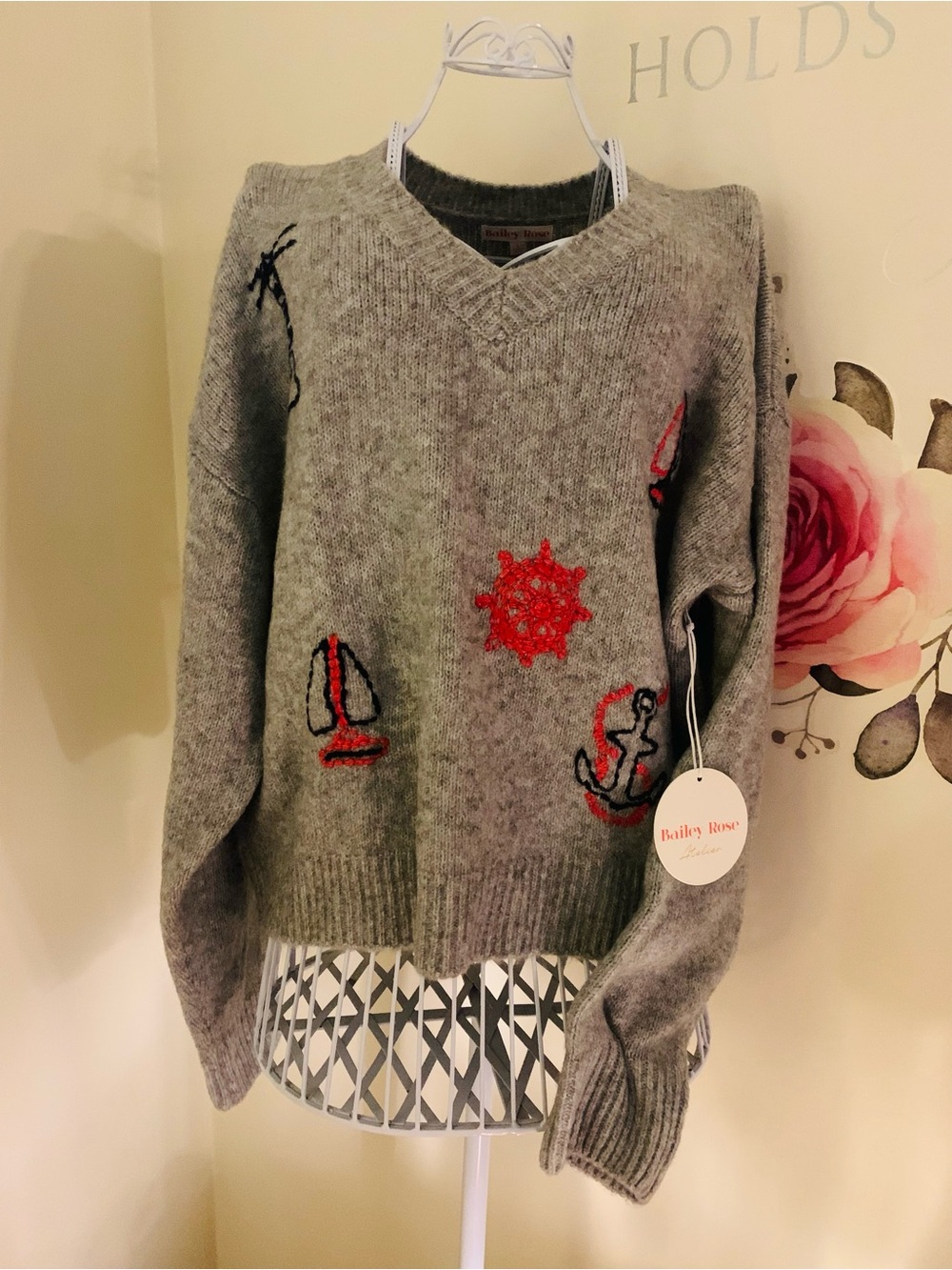Bailey Rose Women’s Heather Gray Nautical Sweater Size Large Knit Pullover